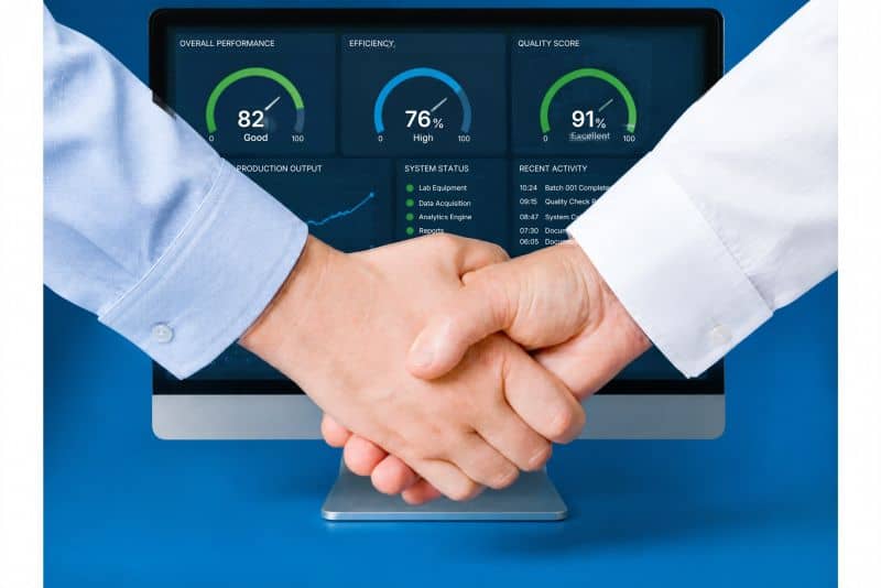 IT-Consulting-services Handshake between professionals in front of a monitor showing performance metrics.