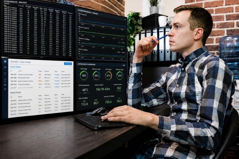 Managed-Services-Monitoring IT professional at multi-monitor workstation monitoring systems and dashboards.