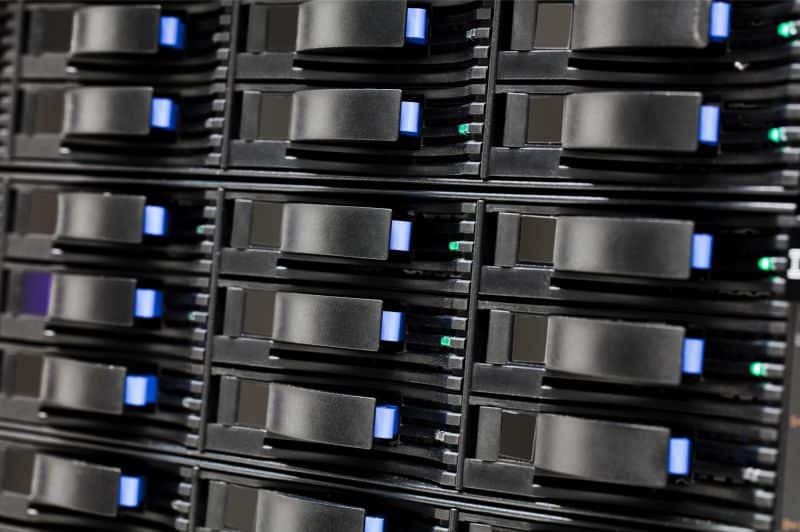 SAN-Storage-Cloud-Backup Server rack with blue and green indicator lights at Wrighton Computer Services.